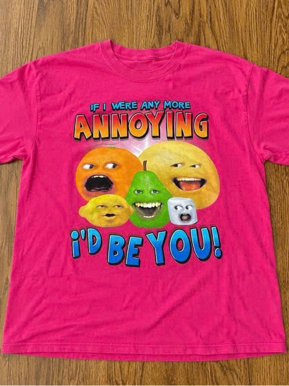 Bright Pink Graphic Tee with Colorful Fruit Faces